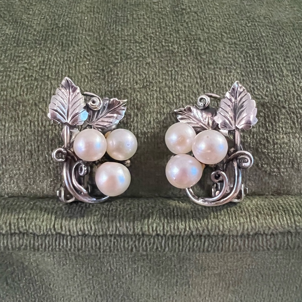 Elegant Ming’s Sterling Silver and Pearl Leaf Clip on  Earrings